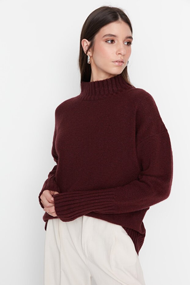 Bordo Geniş Kalıp Yumuşak Dokulu Basic Triko Kazak TWOAW23KZ00490 - 1