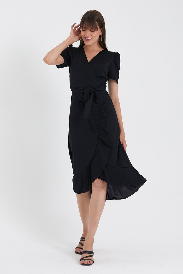 Kkrep Fabric, Midi Length, Black Dress with Skirt and Flounce