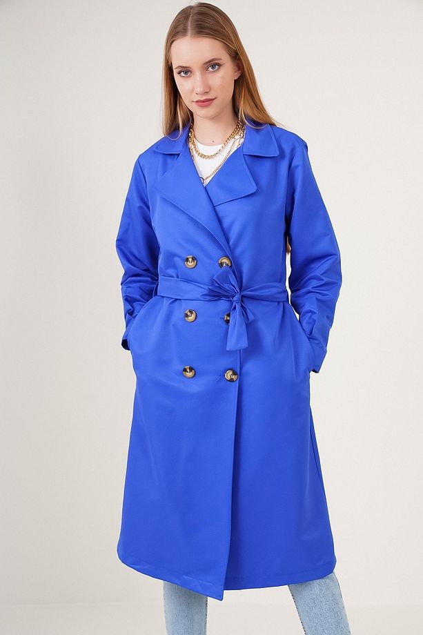 5853 Kruvaze Yaka Trençkot - Saks - 4