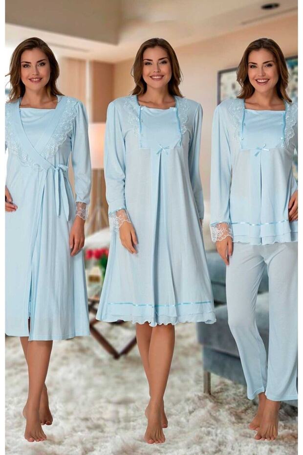 Effortt Women's Blue Maternity Maternity Dressing Gown Nightgown and Pajama Set