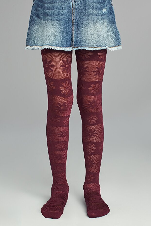 Girl's Black Mulberry Pretty Basic Flower Pantyhose