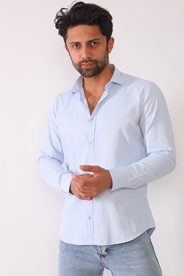 قميص رجالي من Microsatin باللون الأزرق السماوي ذو قصة ضيقة