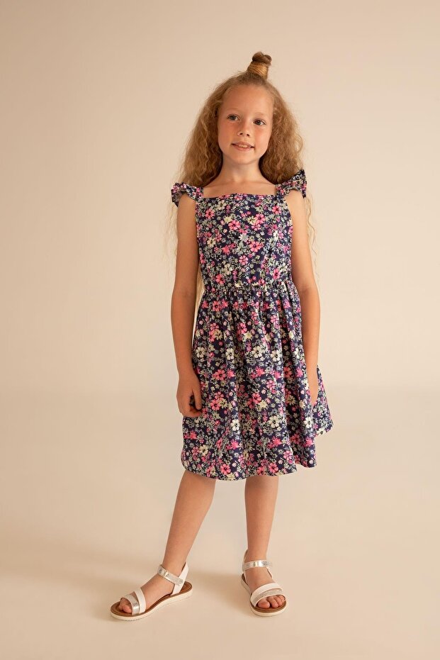 Girl's Square Neck Floral Strap Dress