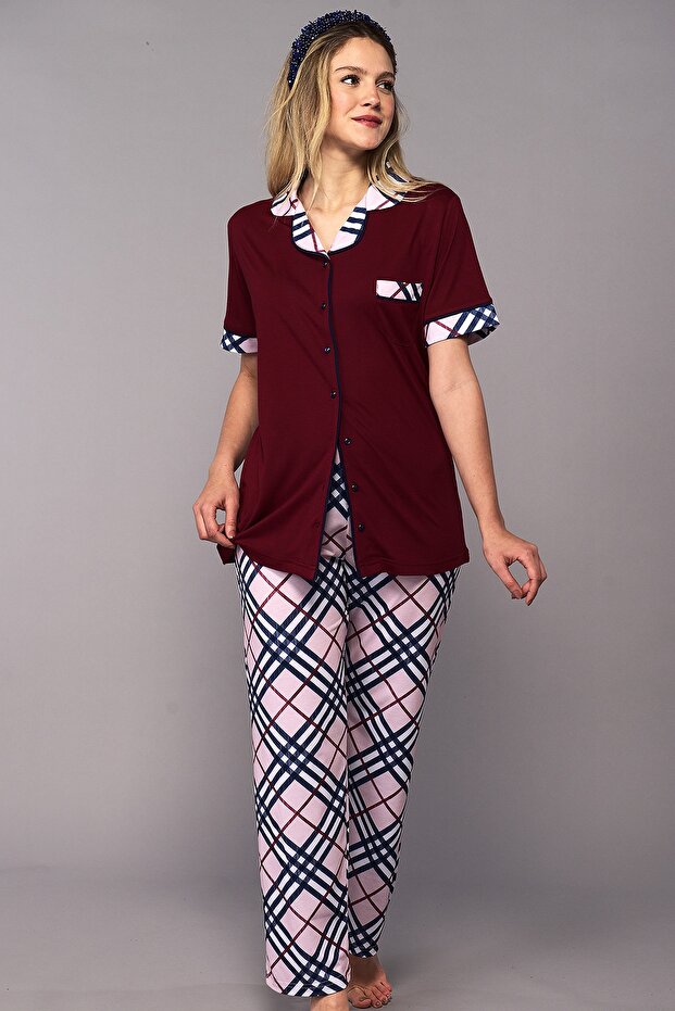 Front Buttoned Maternity Maternity Pajama Set Claret Red