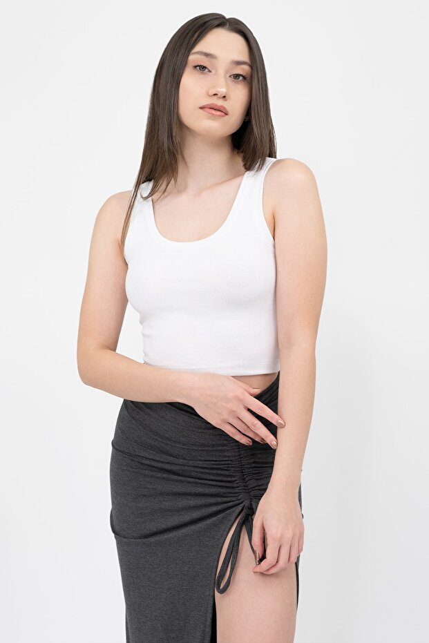 Kadın Beyaz Pamuklu Basic Örme Crop Atlet - 4