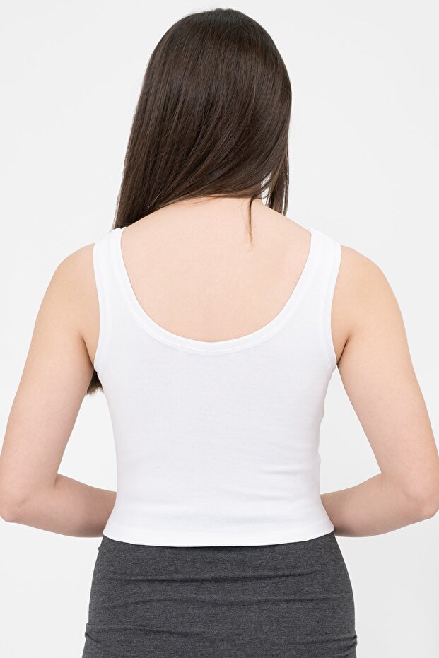 Kadın Beyaz Pamuklu Basic Örme Crop Atlet - 5