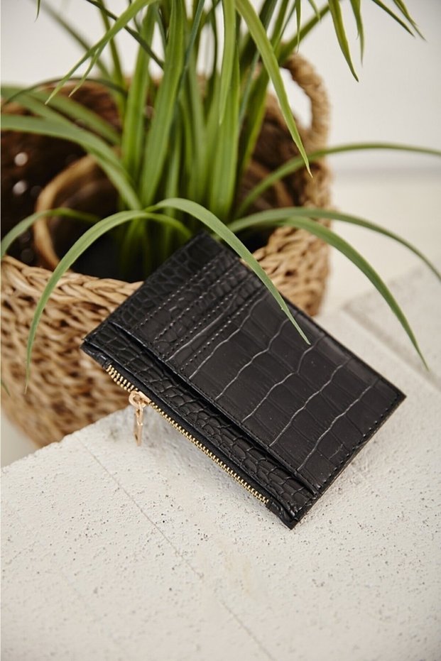 Crocodile Skin Look Zipper Detailed Card Holder Wallet
