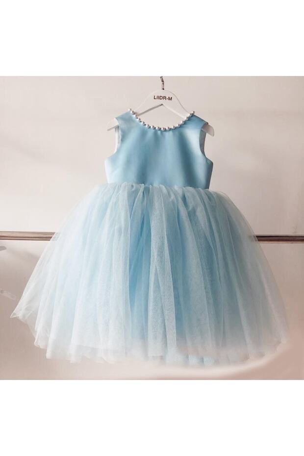Baby Girl Front and Back V-Neck Pearl Detailed Baby Blue Birthday Special Day Dress
