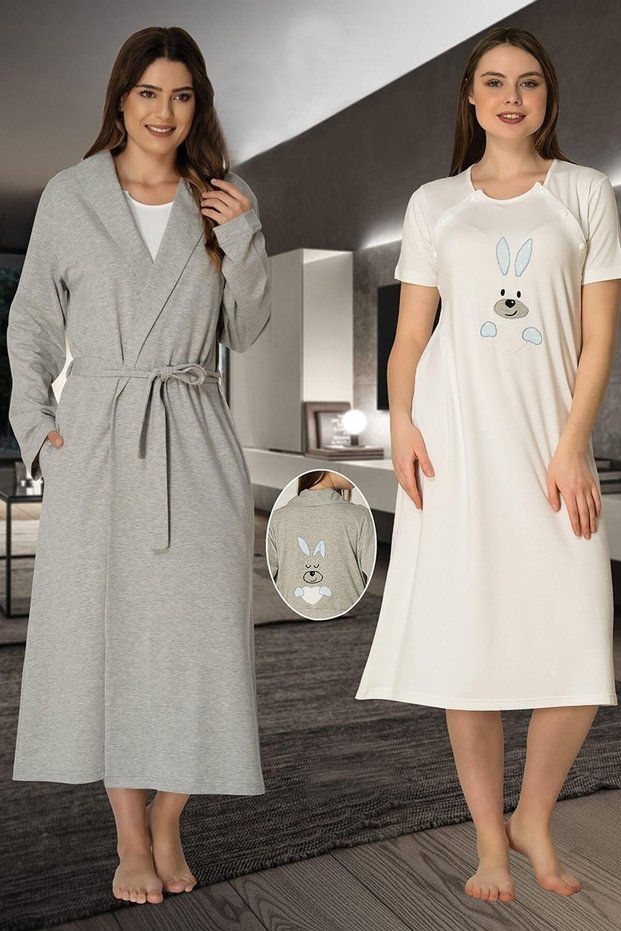 Effortt Women's Blue Rabbit Sport Dressing Gown Maternity Maternity Nightgown Set