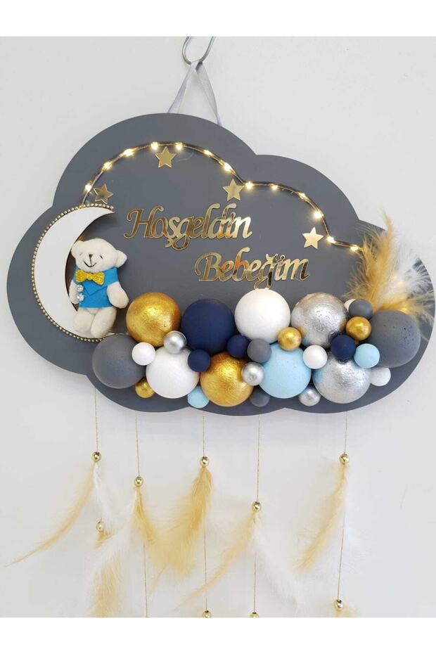 Kapı Süsü Ledli Bubble Ayıcıklı Ahşap Bulut Pano - 2