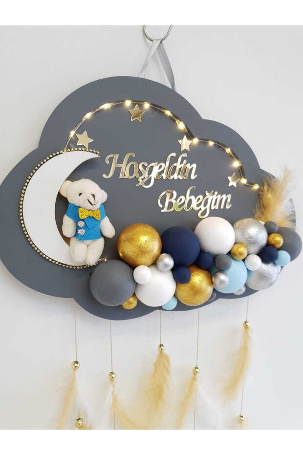Kapı Süsü Ledli Bubble Ayıcıklı Ahşap Bulut Pano - 3