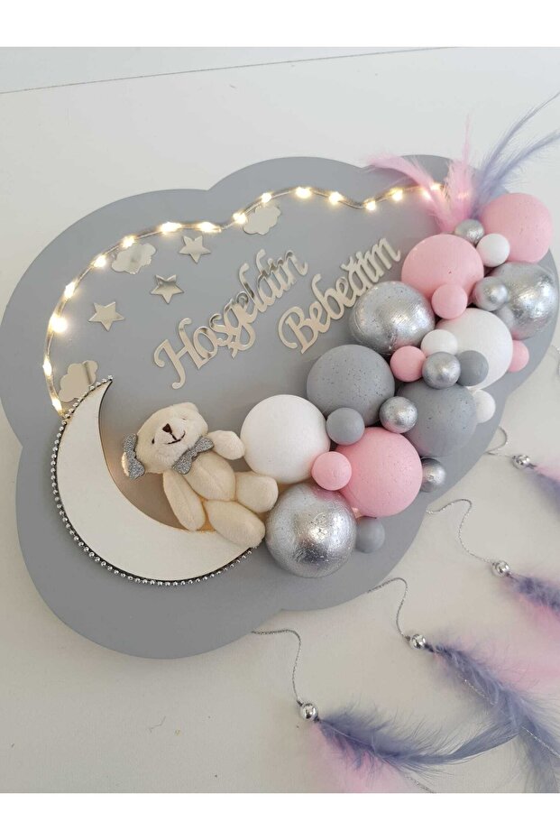 Kapı Süsü Ledli Bubble Ayıcıklı Ahşap Bulut Pano - 3