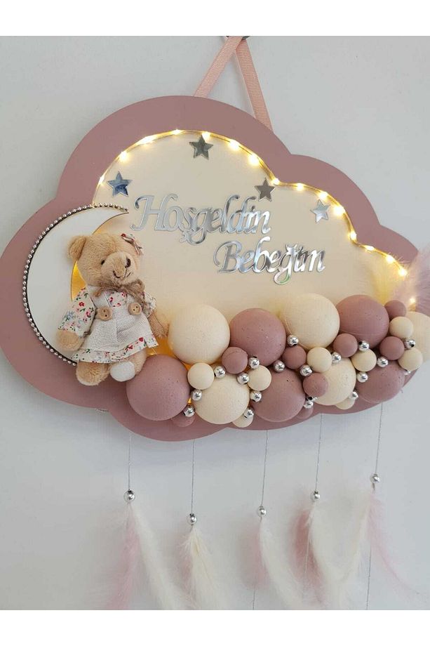 Kapı Süsü Ledli Bubble Ayıcıklı Ahşap Bulut Pano - 3