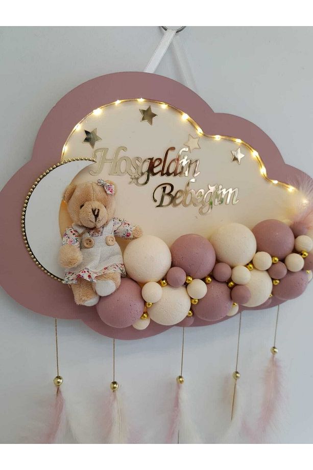 Kapı Süsü Ledli Bubble Ayıcıklı Ahşap Bulut Pano - 3