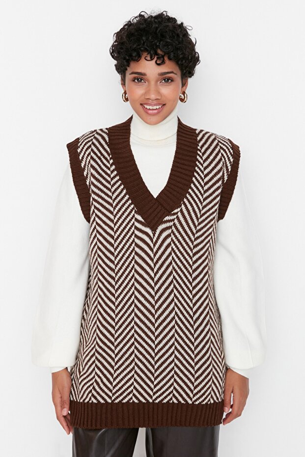 Brown Striped V-Neck Knitwear Sweater TCTAW22UV0021