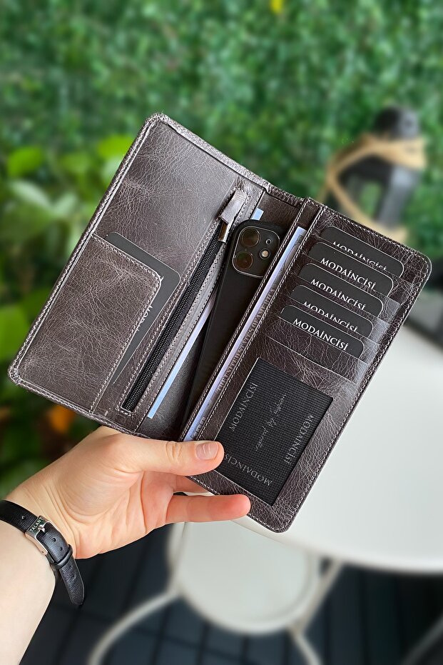 Men's Gray Long Wallet Genuine Leather Portfolio with Phone Compartment Long Men's Wallet | Boston