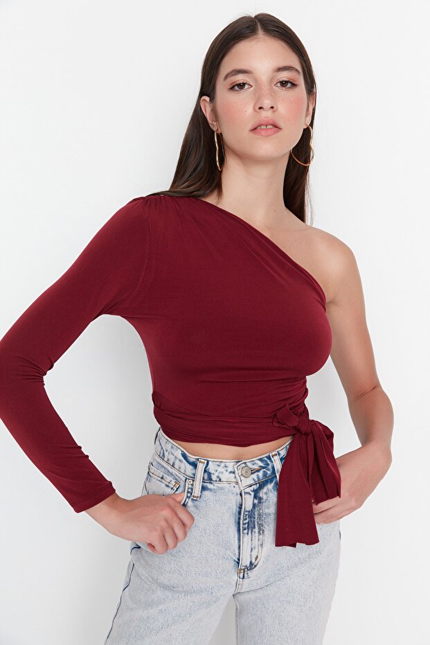Bordo Fitted/Vücuda Oturan Bağlama Detaylı Tek Kol Crop Esnek Örme Bluz TWOAW23BZ00094 - 5