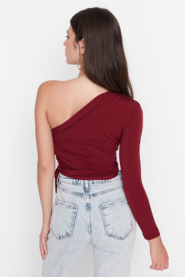 Bordo Fitted/Vücuda Oturan Bağlama Detaylı Tek Kol Crop Esnek Örme Bluz TWOAW23BZ00094 - 6