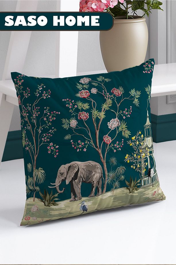 Turquoise Elephant And Roses Pattern Desenli 140 X 270 Cm Dijital Baskılı Fon Perde( Tek Kanat ) - 4