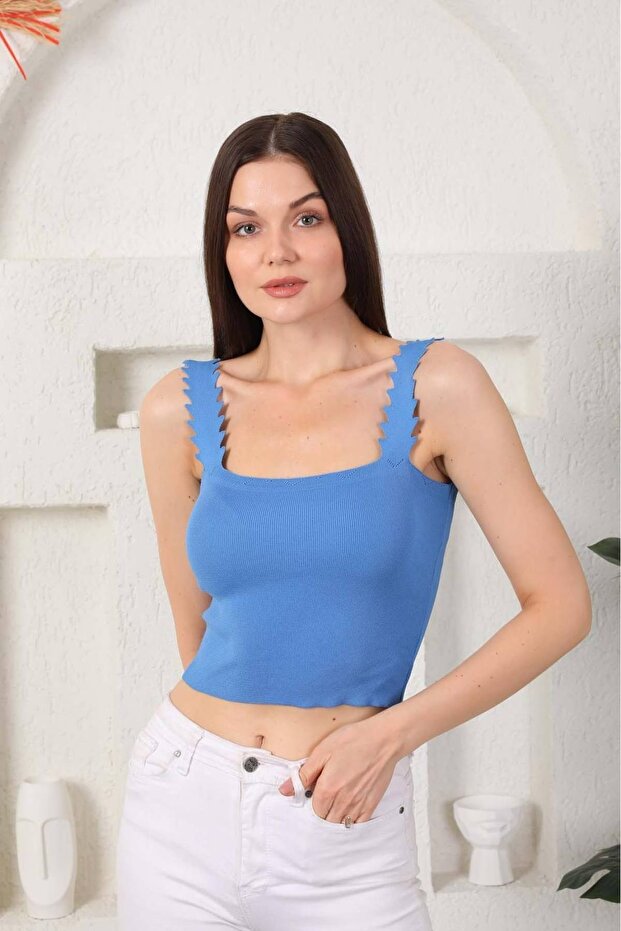 Women's Zigzag Strap Summer Knitwear Top Corset Blue Crop Blouse