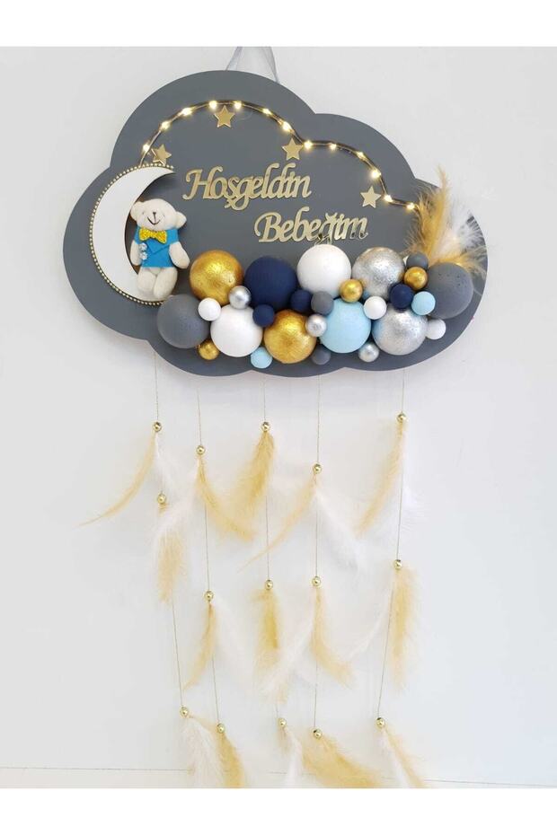 Kapı Süsü Ledli Bubble Ayıcıklı Ahşap Bulut Pano - 1