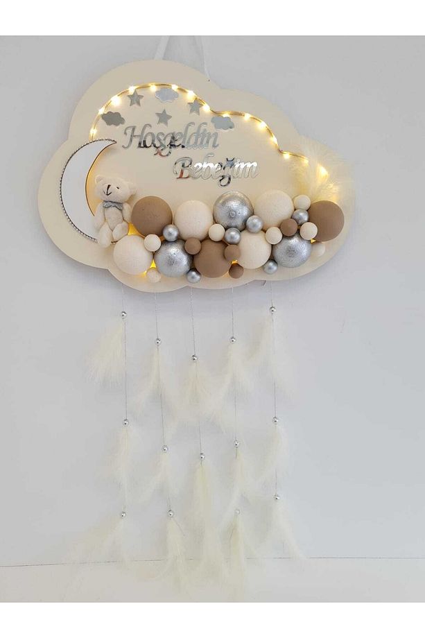 Kapı Süsü Ledli Bubble Ayıcıklı Ahşap Bulut Pano - 1