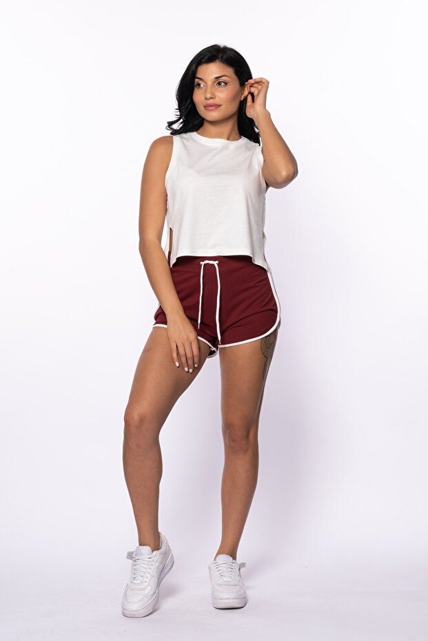 Burgundy Two Thread Striped Mini Shorts