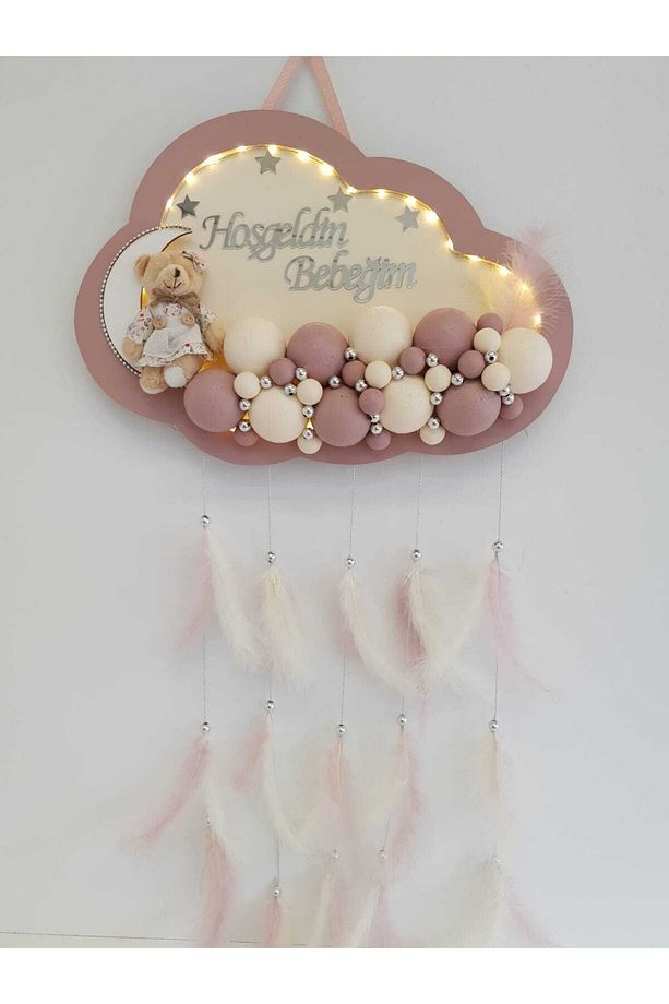Kapı Süsü Ledli Bubble Ayıcıklı Ahşap Bulut Pano - 1