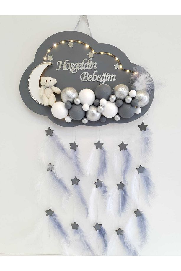 Kapı Süsü Ledli Bubble Ayıcıklı Ahşap Bulut Pano - 1