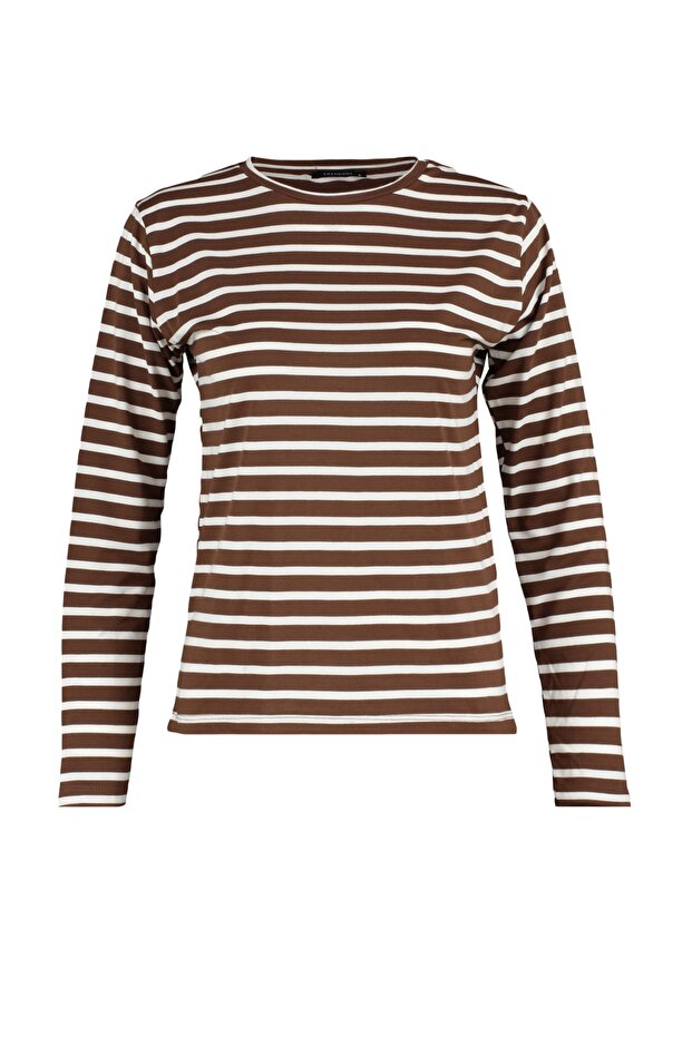 Brązowy, podstawowy, dzianinowy T-shirt z okrągłym dekoltem w paski TWOAW23TS00002 - 6