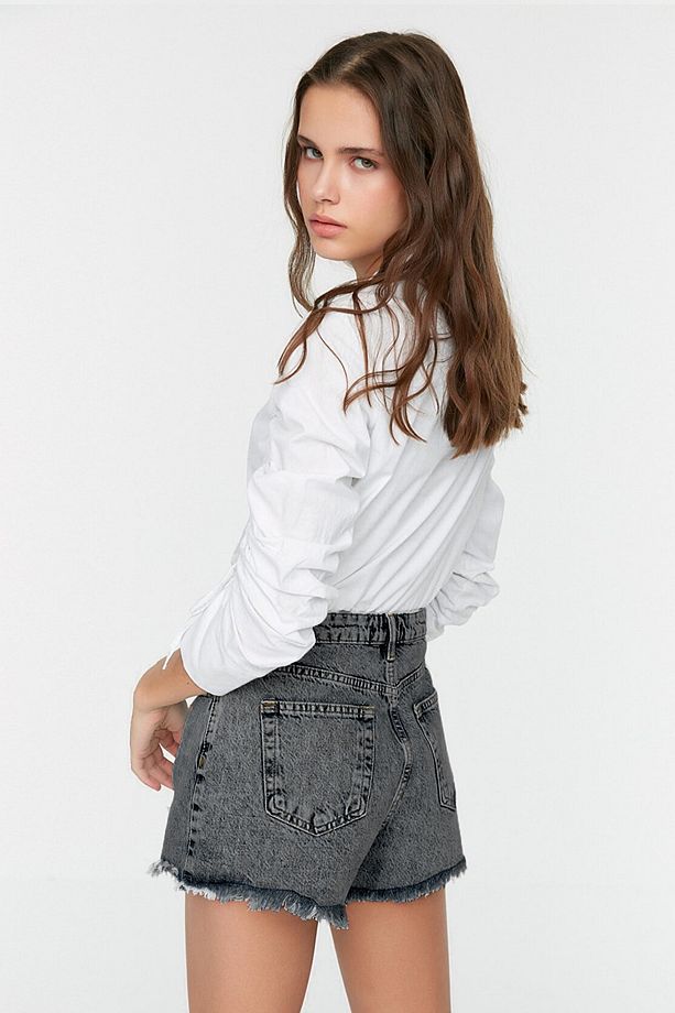 Kadın Füme Kar Yıkama Denim Kot Şort Saçaklı Jeans Şort - 3