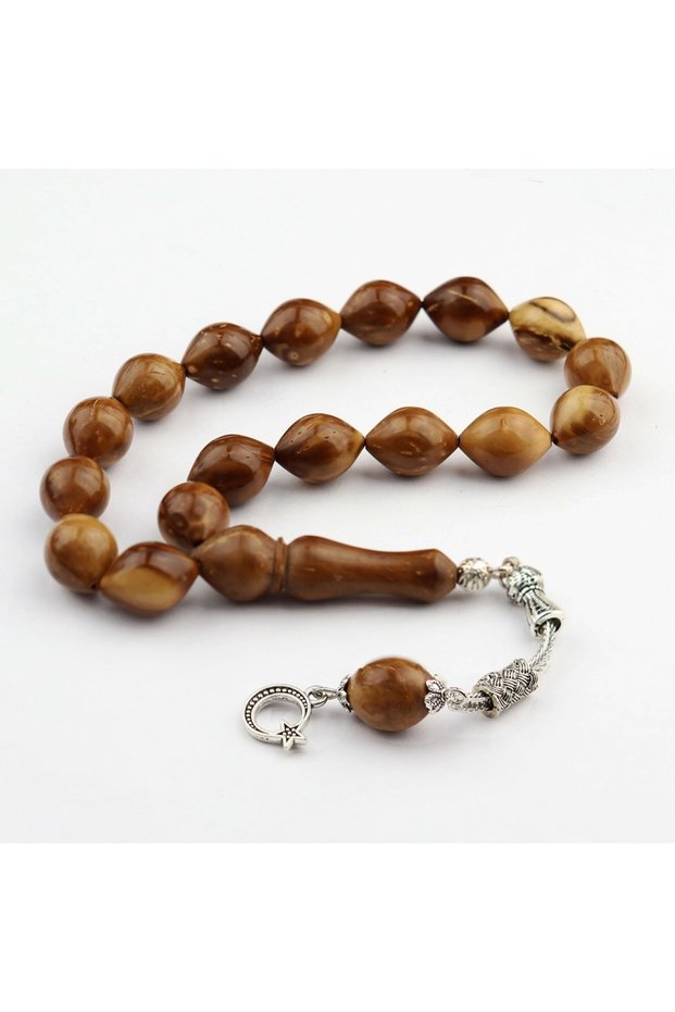 Barley Cut Natural Kuka Tree Prayer Beads of 17 with Metal Star and Crescent Tassels