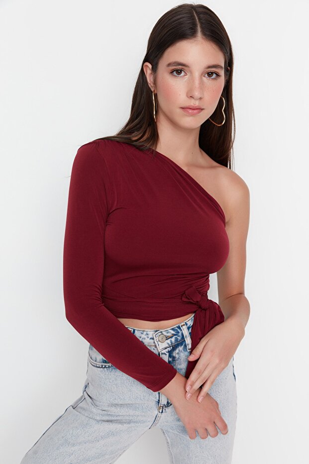 Bordo Fitted/Vücuda Oturan Bağlama Detaylı Tek Kol Crop Esnek Örme Bluz TWOAW23BZ00094 - 4