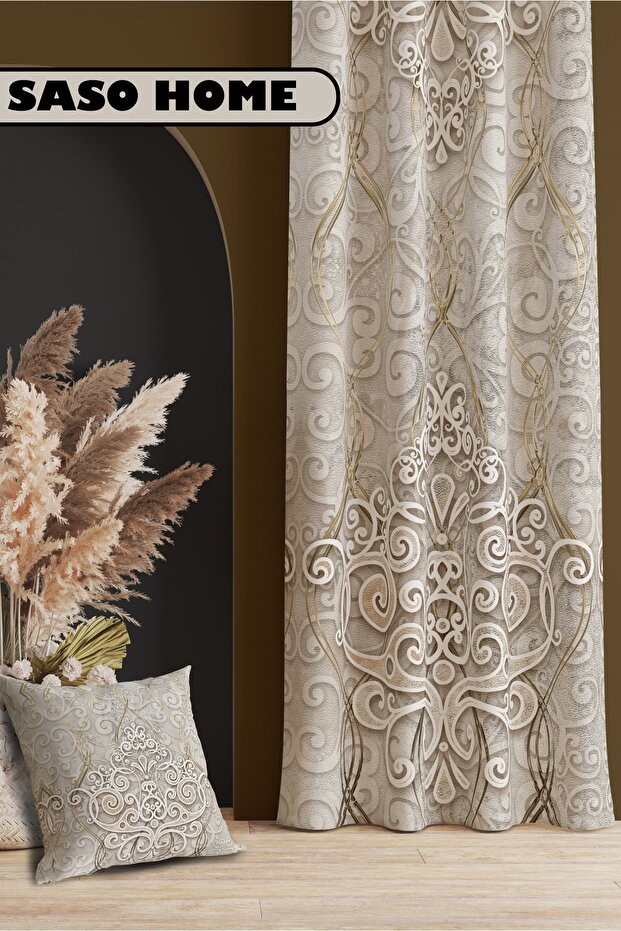 Cream - Beauty Aura Modern Model 140 x 270 cm Digital Print Drapery Curtain Single Panel