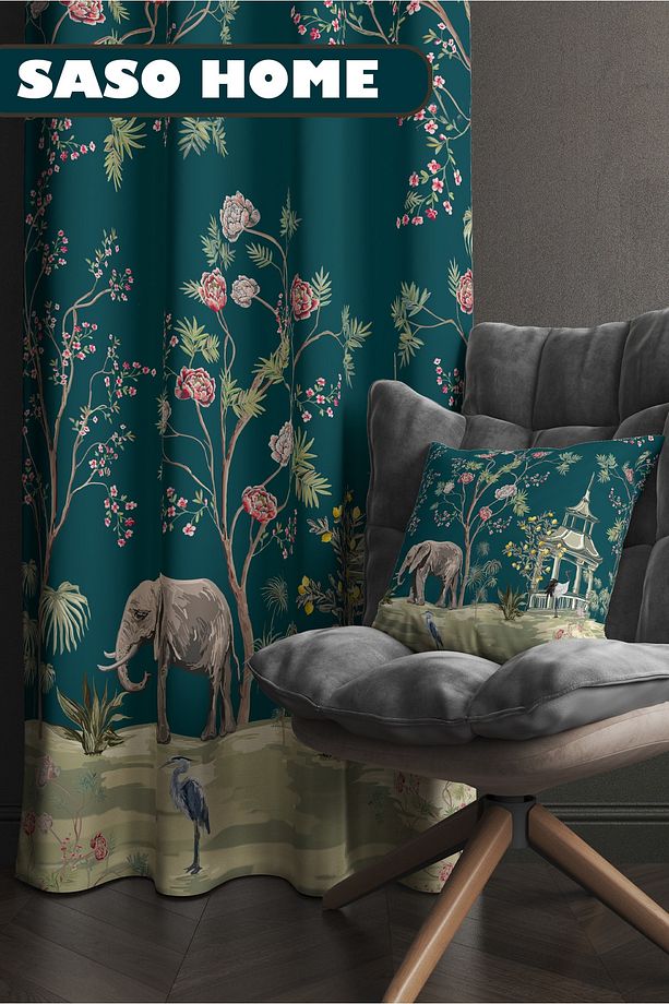 Turquoise Elephant And Roses Pattern Desenli 140 X 270 Cm Dijital Baskılı Fon Perde( Tek Kanat ) - 2