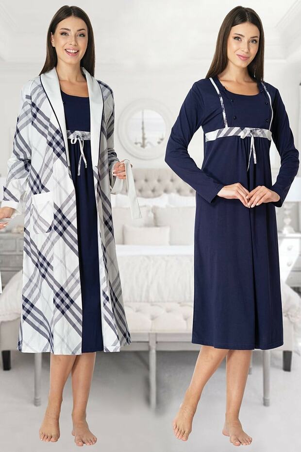 Women's Navy Blue Maternity Dressing Gown and Nightgown Set