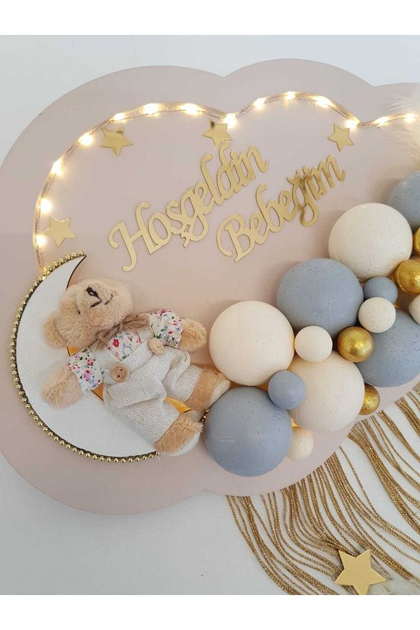Kapı Süsü Ledli Bubble Ayıcıklı Ahşap Bulut Pano - 3