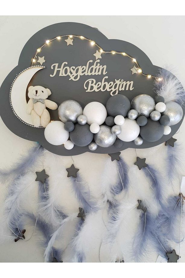 Kapı Süsü Ledli Bubble Ayıcıklı Ahşap Bulut Pano - 4