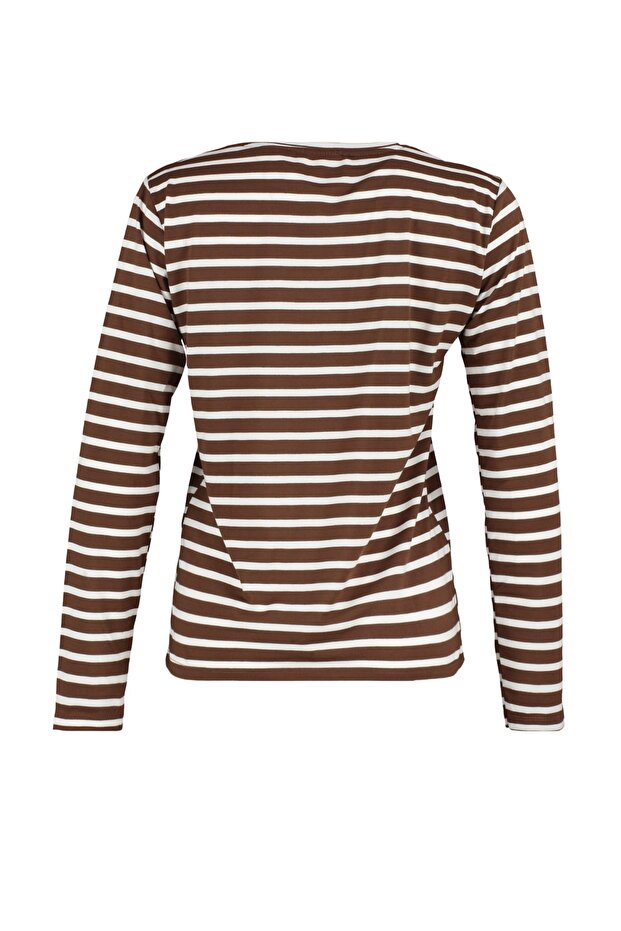 Brązowy, podstawowy, dzianinowy T-shirt z okrągłym dekoltem w paski TWOAW23TS00002 - 8