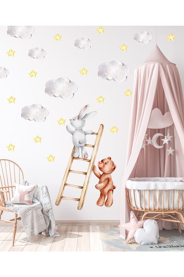 Children's Room Wall Sticker Water Color Plush Rabbit and Teddy Bear Decorative Wall Sticker - Wall Decoration