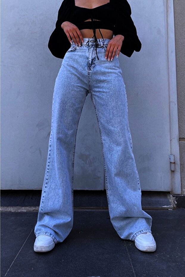 Extra High Waist Blue Palazzo Jeans Acid Washed Lycra Jeans