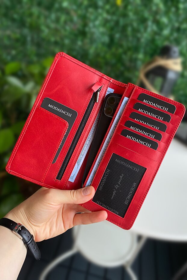 Boston - Genuine Leather Red Long Women's Wallet with Phone Compartment, Portfolio Handmade Business