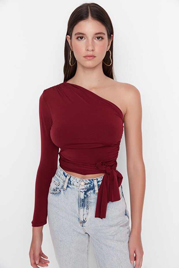 Bordo Fitted/Vücuda Oturan Bağlama Detaylı Tek Kol Crop Esnek Örme Bluz TWOAW23BZ00094 - 2