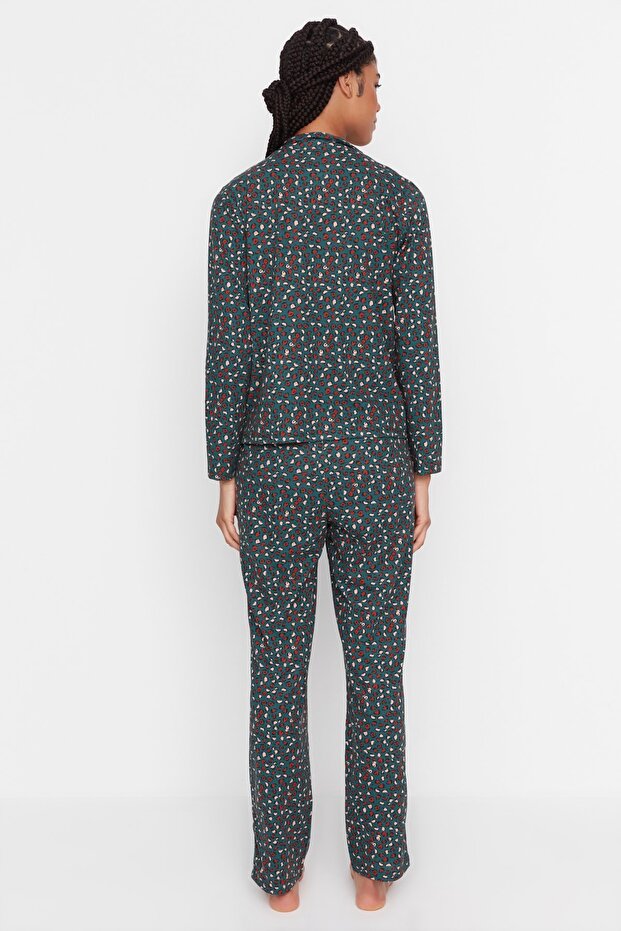 Yeşil %100 Pamuklu Leopar Desenli Gömlek Pantolon Örme Pijama Takımı THMAW23PT00150 - 5