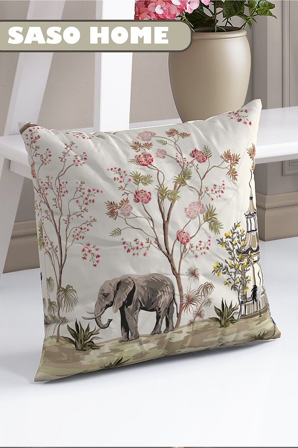 Cream Elephant And Roses Pattern Desenli 140 X 270 Cm Dijital Baskılı Kadife Fon Perde( Tek Kanat ) - 4