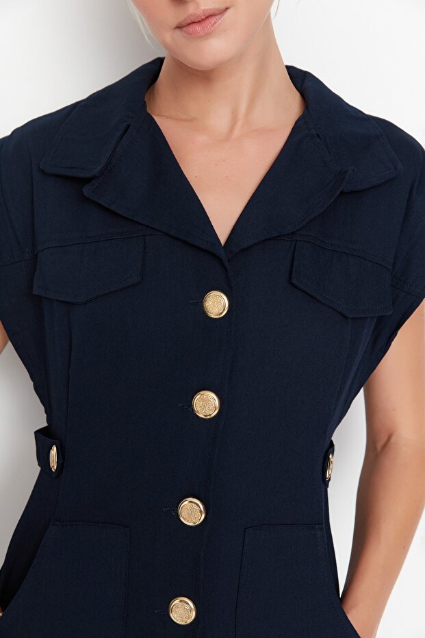 Lacivert Düğme Detaylı Gabardin Mini Dokuma Gömlek Elbise TWOSS22EL2970 - 5