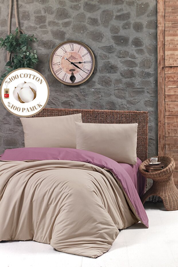 Firuze Ranforce Double Duvet Cover Set Burgundy-Beige