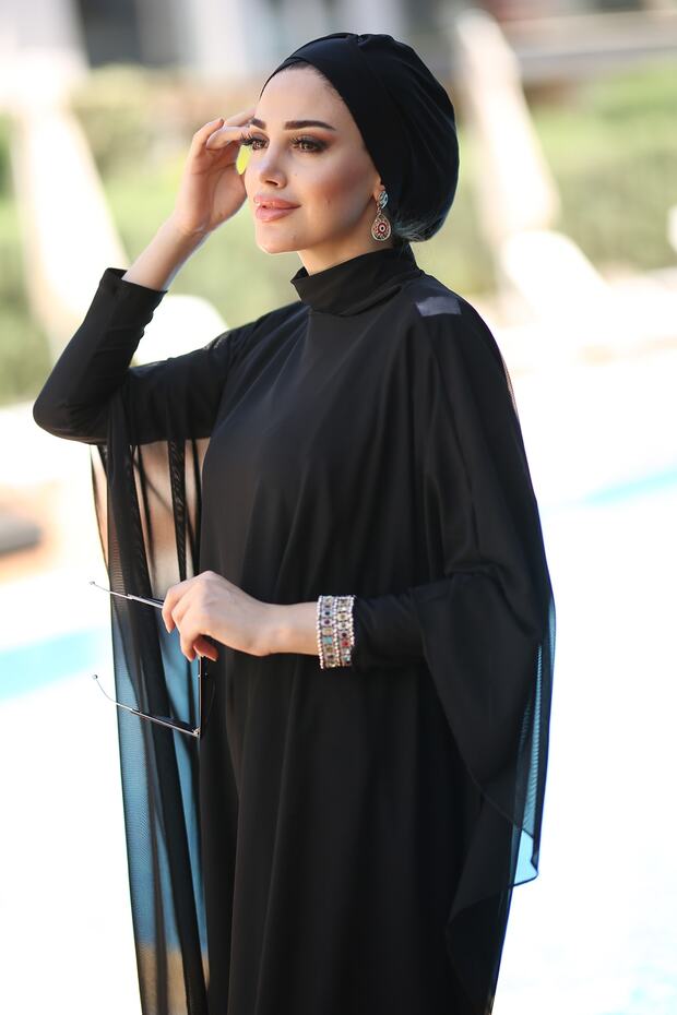 Tesettür Mayo Üzerine Desenli Tek Kaftan Pareo Rp001 Siyah - 3