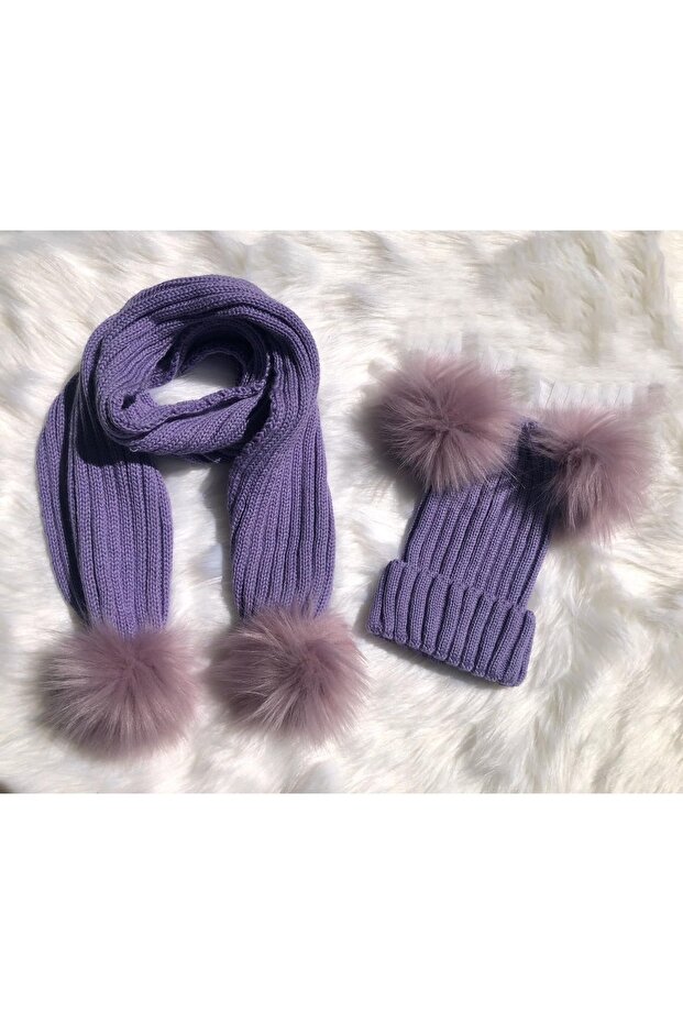 Girl's Double Pompom Scarf Beret Set