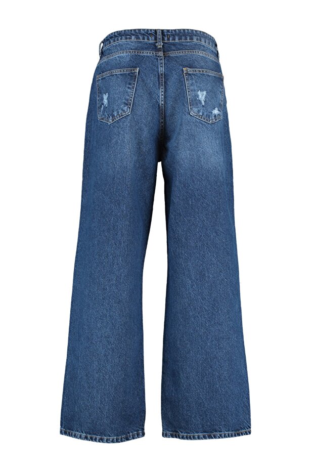 Koyu Mavi Yüksek Bel Destroylu Geniş Paça/Wide Leg %100 Pamuk Büyük Beden Jeans TBBSS22JE00006 - 14